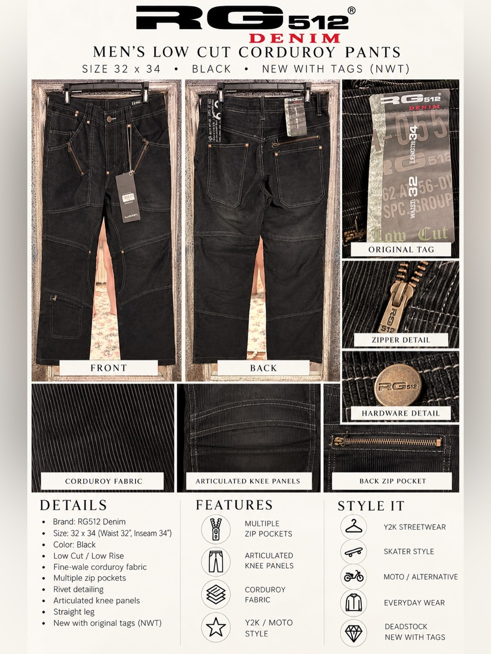 RG512 Men’s Black Corduroy Low-Rise Pants